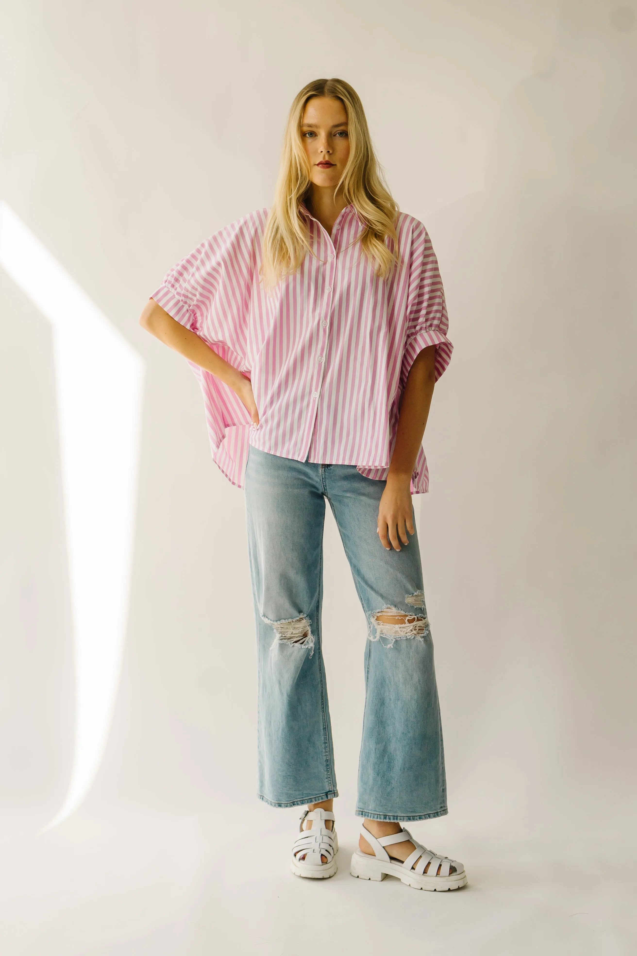 The Latham Oversized Button-Down Blouse in Pink + White Stripe