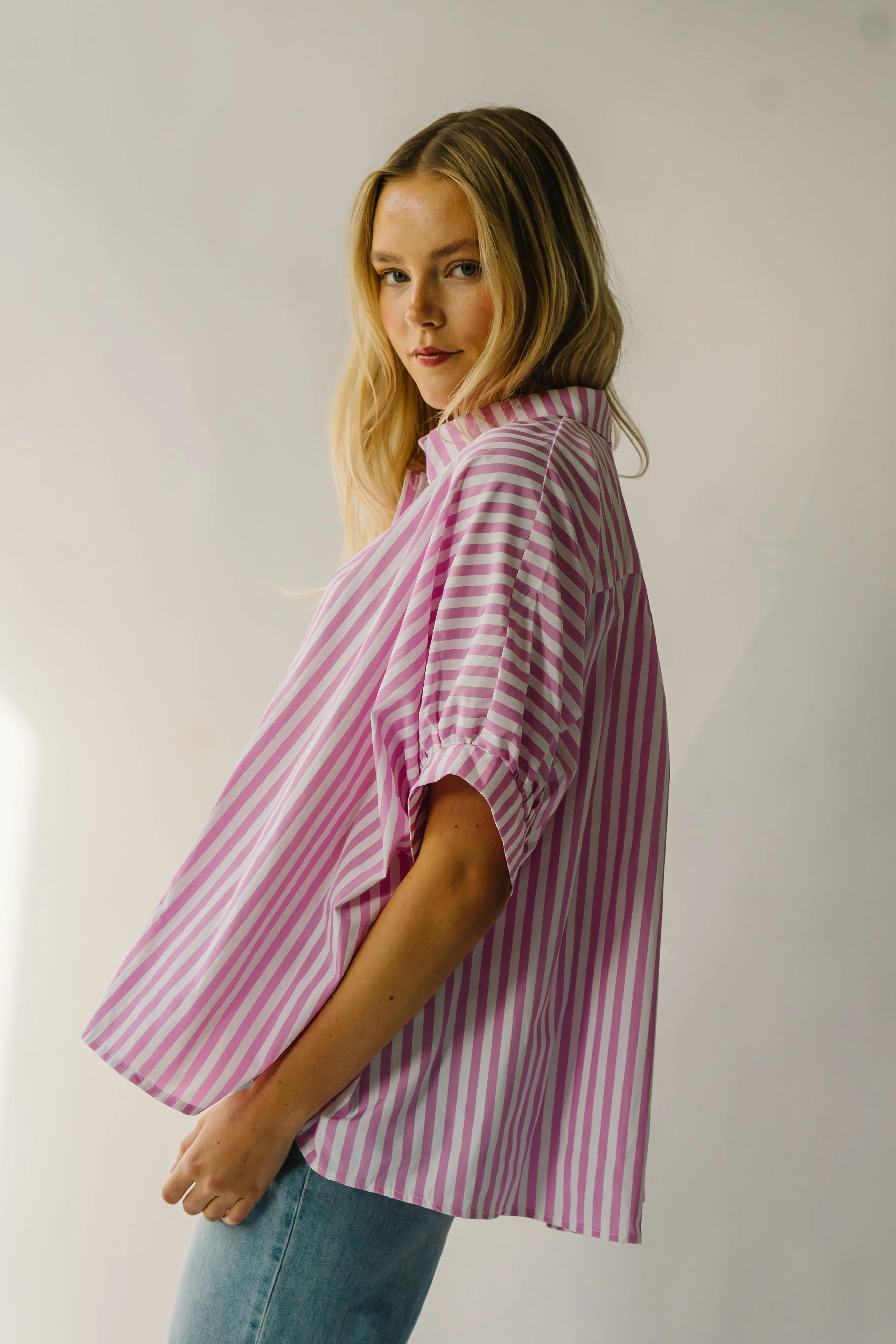 The Latham Oversized Button-Down Blouse in Pink + White Stripe