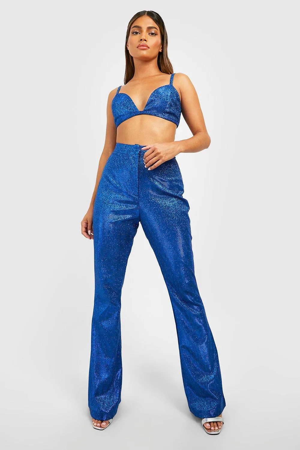 Trousers | Glitter Flared Leg Tailored Trousers | boohoo