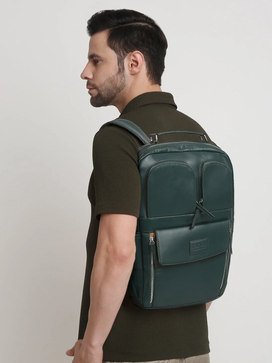 Unisex Leather Solid Green Backpack