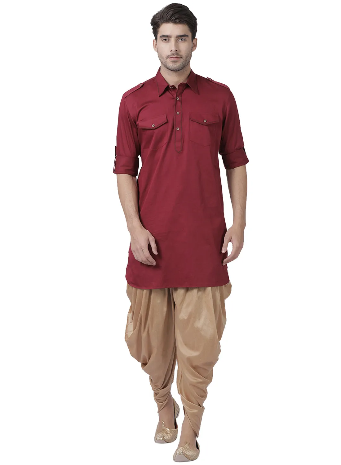 VASTRAMAY Men's Maroon Cotton Blend Pathani Suit Set