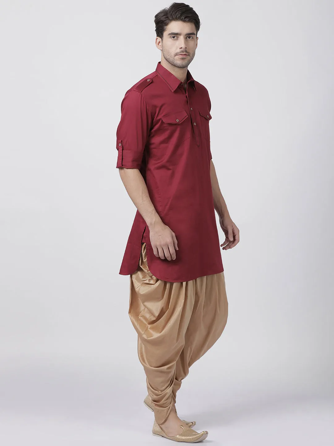 VASTRAMAY Men's Maroon Cotton Blend Pathani Suit Set