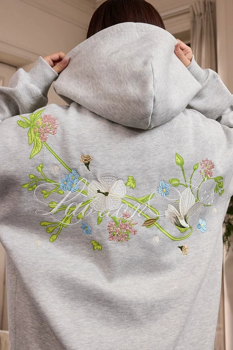 Vine Floral Embroidery Fleece Hoodie