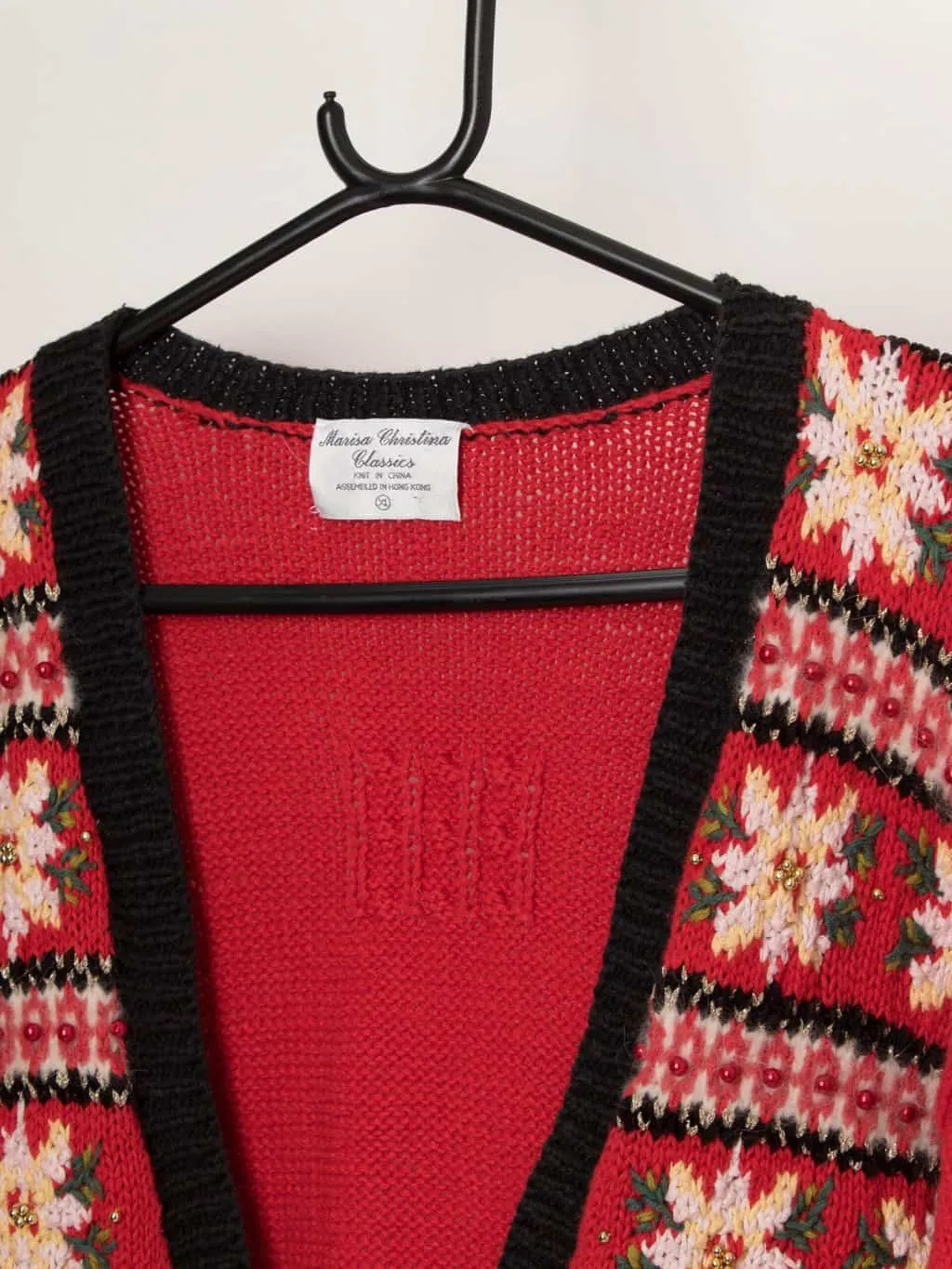 Vintage Christmas red cardigan with geese and tartan bows – Large