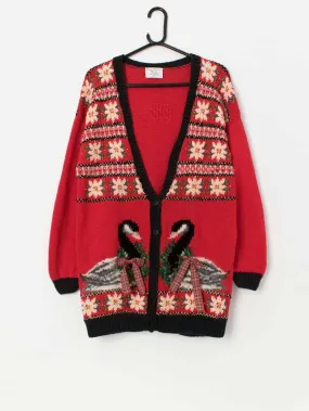 Vintage Christmas red cardigan with geese and tartan bows – Large