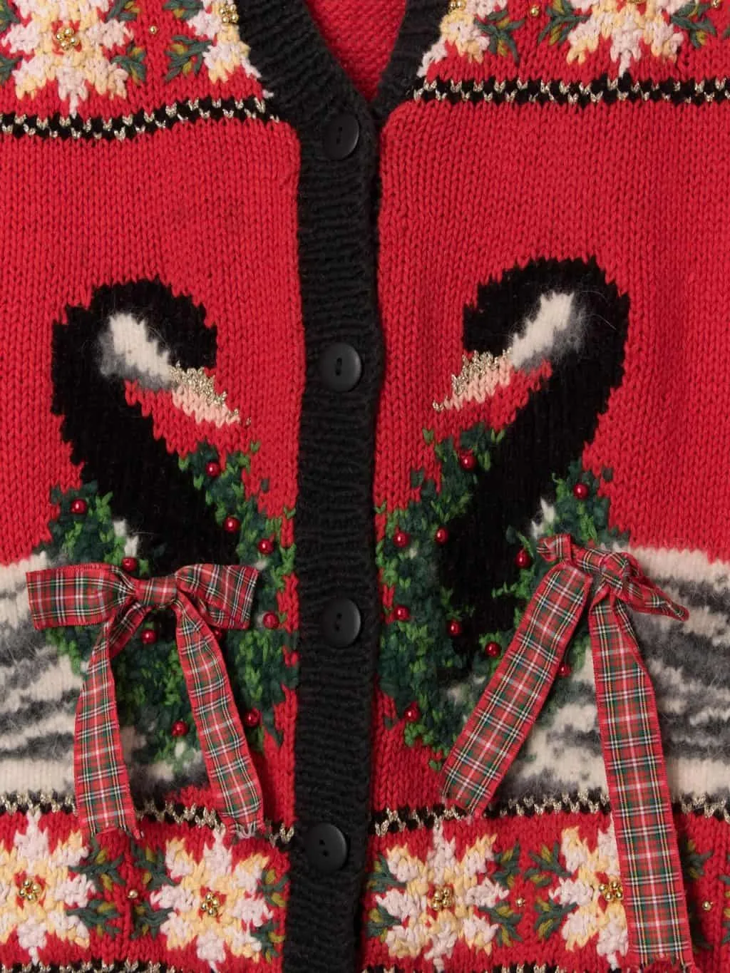 Vintage Christmas red cardigan with geese and tartan bows – Large