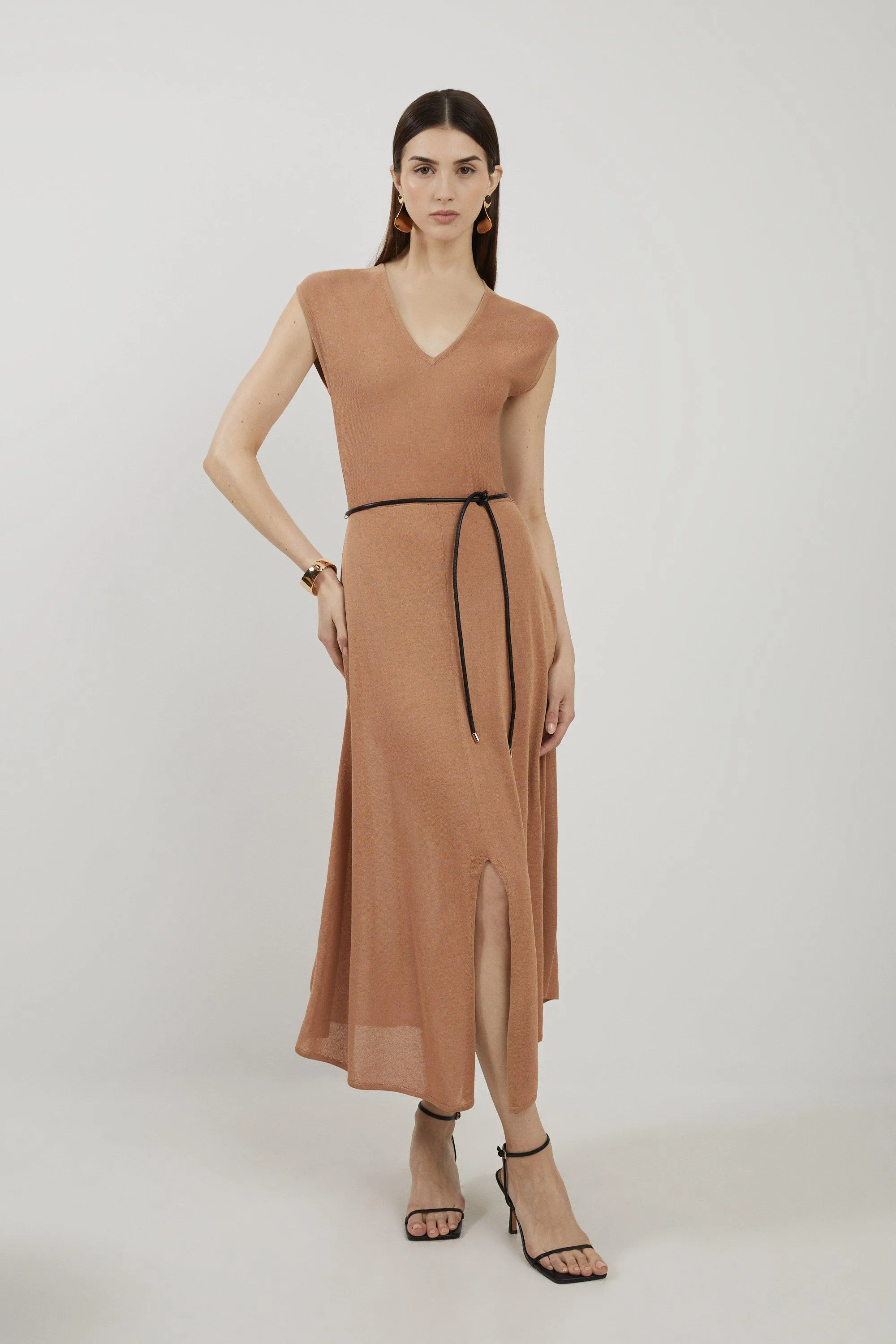 Viscose Blend Summer Knit Pu Belt Midi Dress | Karen Millen