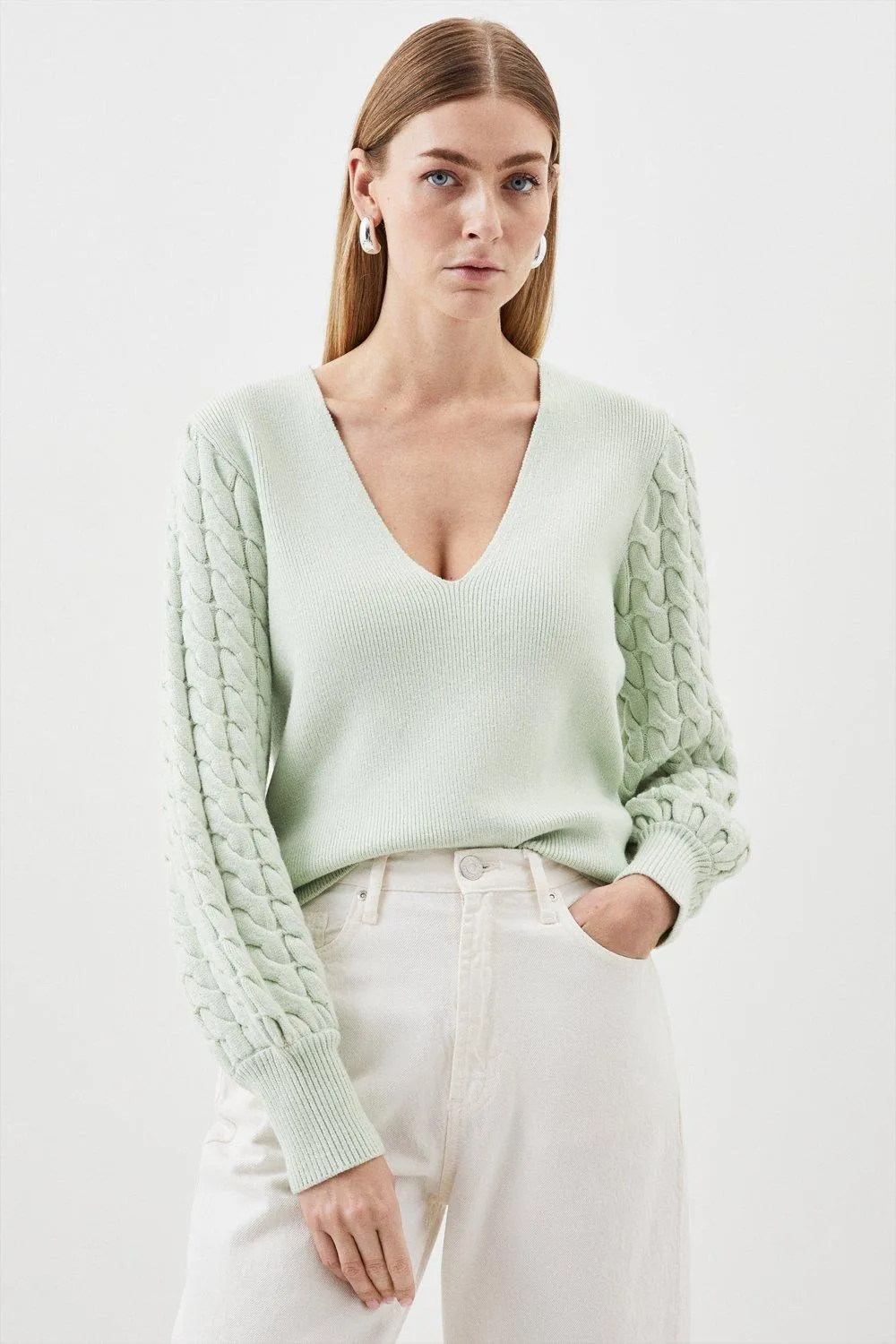 Viscose Blend V Neck Blouson Cable Knit Jumper | Karen Millen