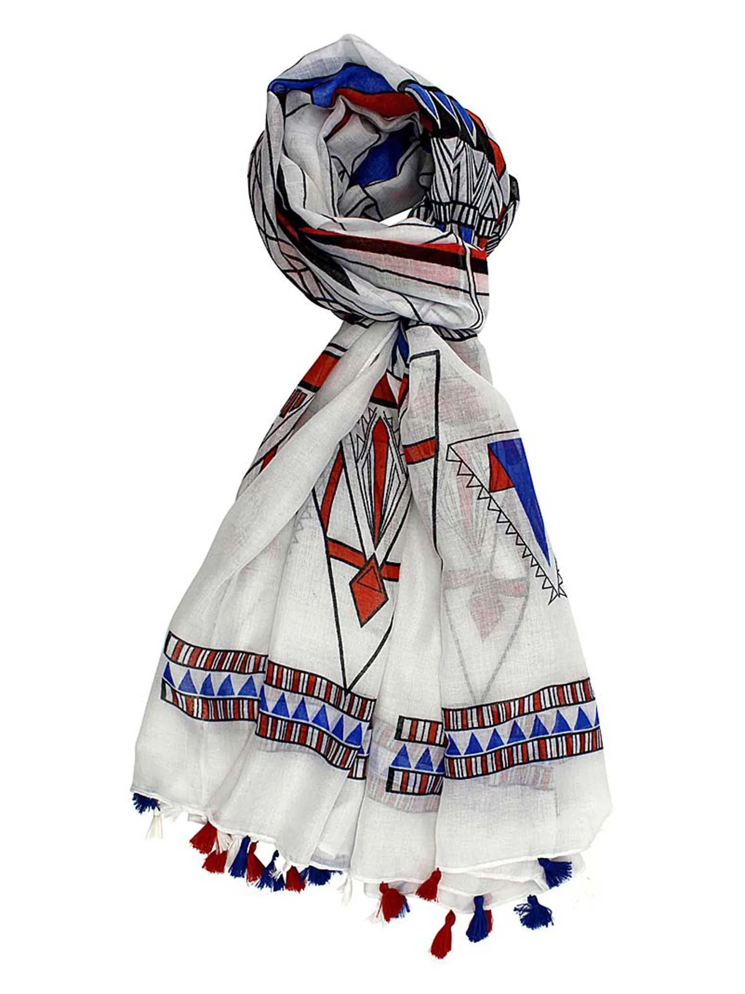 White Colorful Tribal Print Lightweight Scarf With Tassel Fringe