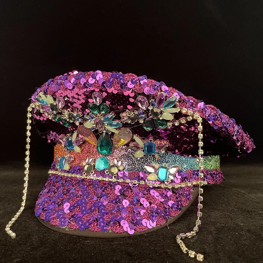 Women Captain Hats Sequin Burning Hats Hat Captain Sergeant Hat Luxury Yacht Week Rhinestone Hat