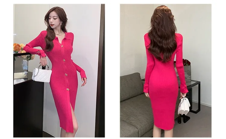 Women's Casual Single-breasted Turn-down Collar Bodycon Pencil Dress