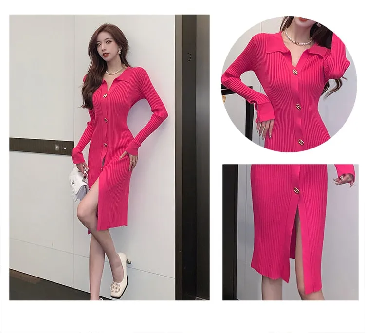 Women's Casual Single-breasted Turn-down Collar Bodycon Pencil Dress