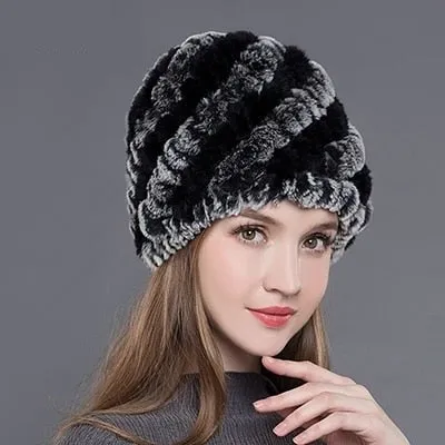 Women's Casual Winter Warm Soft Natural Rex Rabbit Fur Beanies Hat