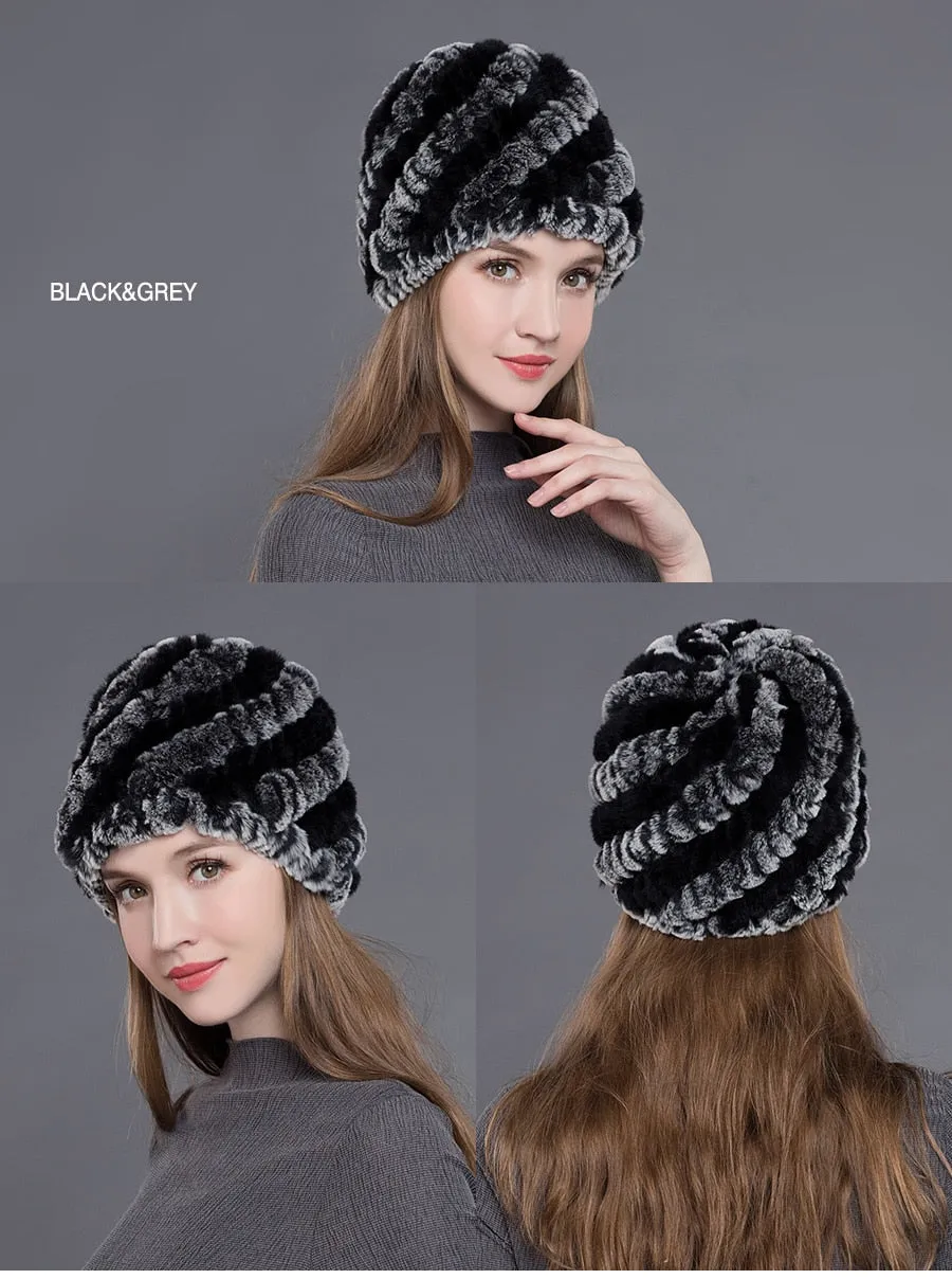 Women's Casual Winter Warm Soft Natural Rex Rabbit Fur Beanies Hat