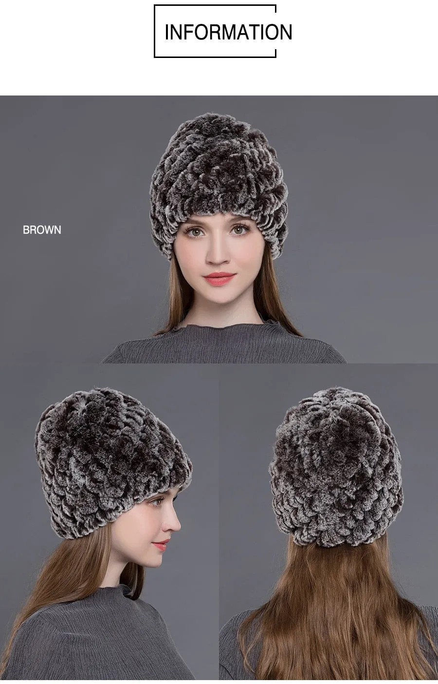 Women's Casual Winter Warm Soft Natural Rex Rabbit Fur Beanies Hat