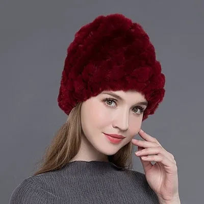 Women's Casual Winter Warm Soft Natural Rex Rabbit Fur Beanies Hat