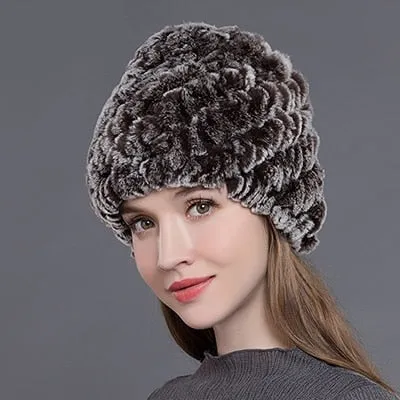 Women's Casual Winter Warm Soft Natural Rex Rabbit Fur Beanies Hat