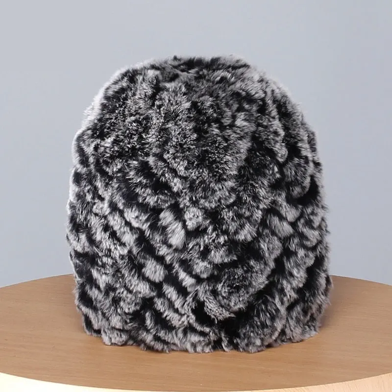 Women's Casual Winter Warm Soft Natural Rex Rabbit Fur Beanies Hat