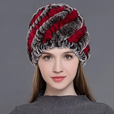 Women's Casual Winter Warm Soft Natural Rex Rabbit Fur Beanies Hat