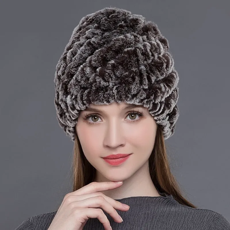 Women's Casual Winter Warm Soft Natural Rex Rabbit Fur Beanies Hat