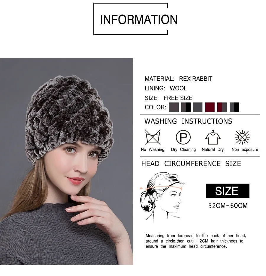 Women's Casual Winter Warm Soft Natural Rex Rabbit Fur Beanies Hat