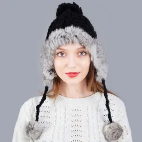 Women's Warm Thick Real Rabbit Fur Knitted Pom Pom Beanies Cap