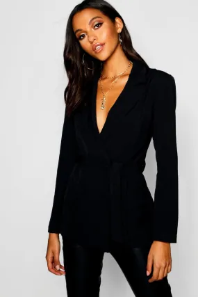 Woven Fitted Double Breasted Tie Belt Blazer