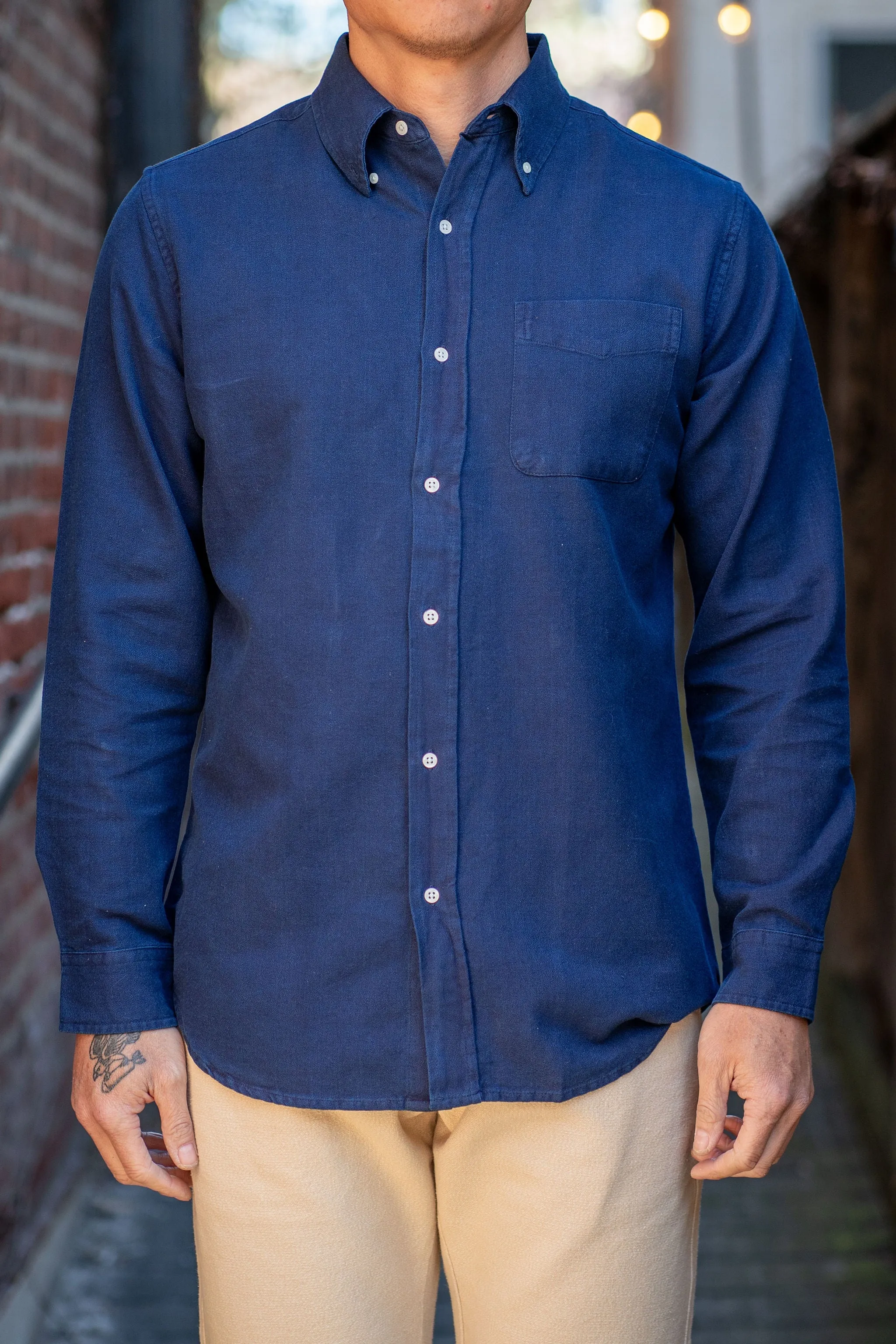 Wythe Indigo Yarn Dyed Sateen Button Down Shirt - Rinsed Indigo