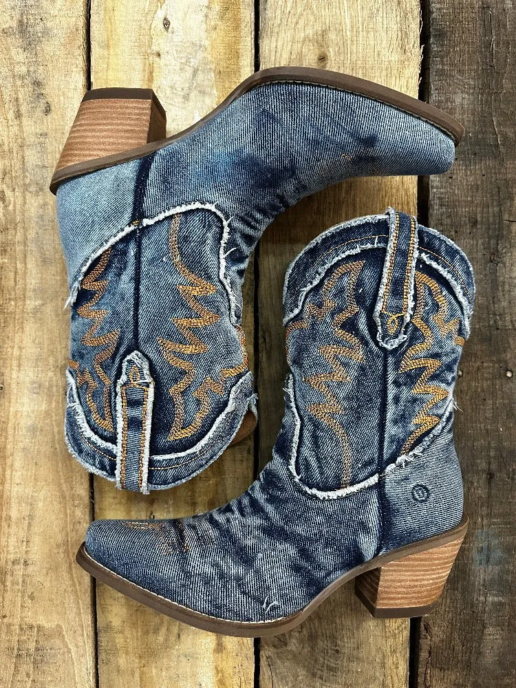 Y'all Need Dolly Distressed Denim Embroidered Boots (DS)