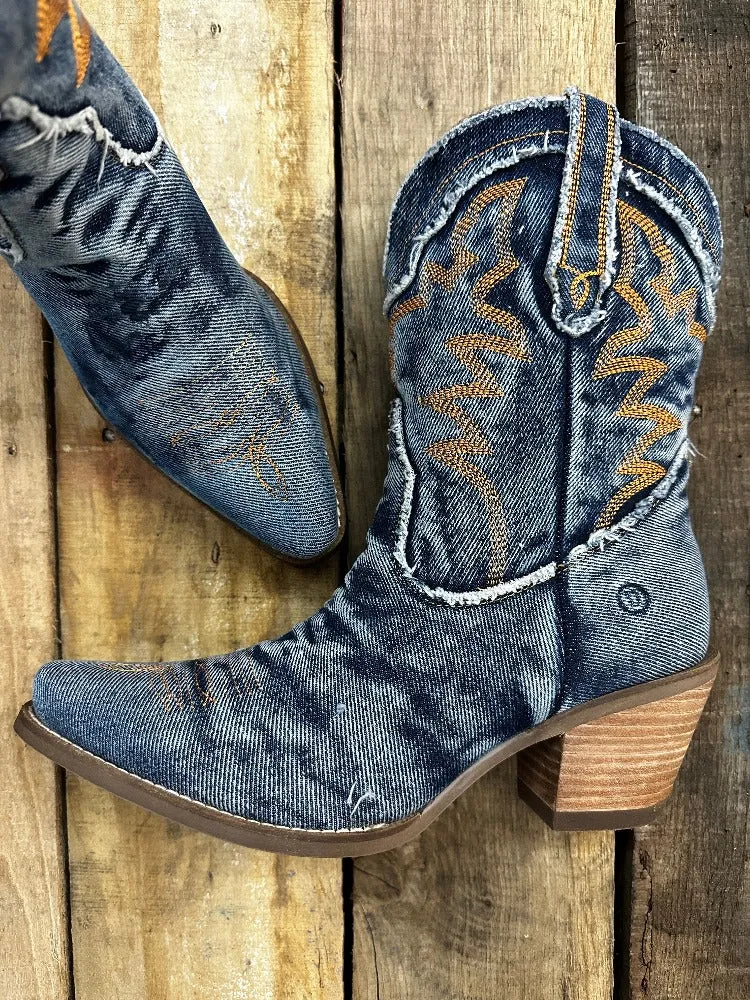 Y'all Need Dolly Distressed Denim Embroidered Boots (DS)