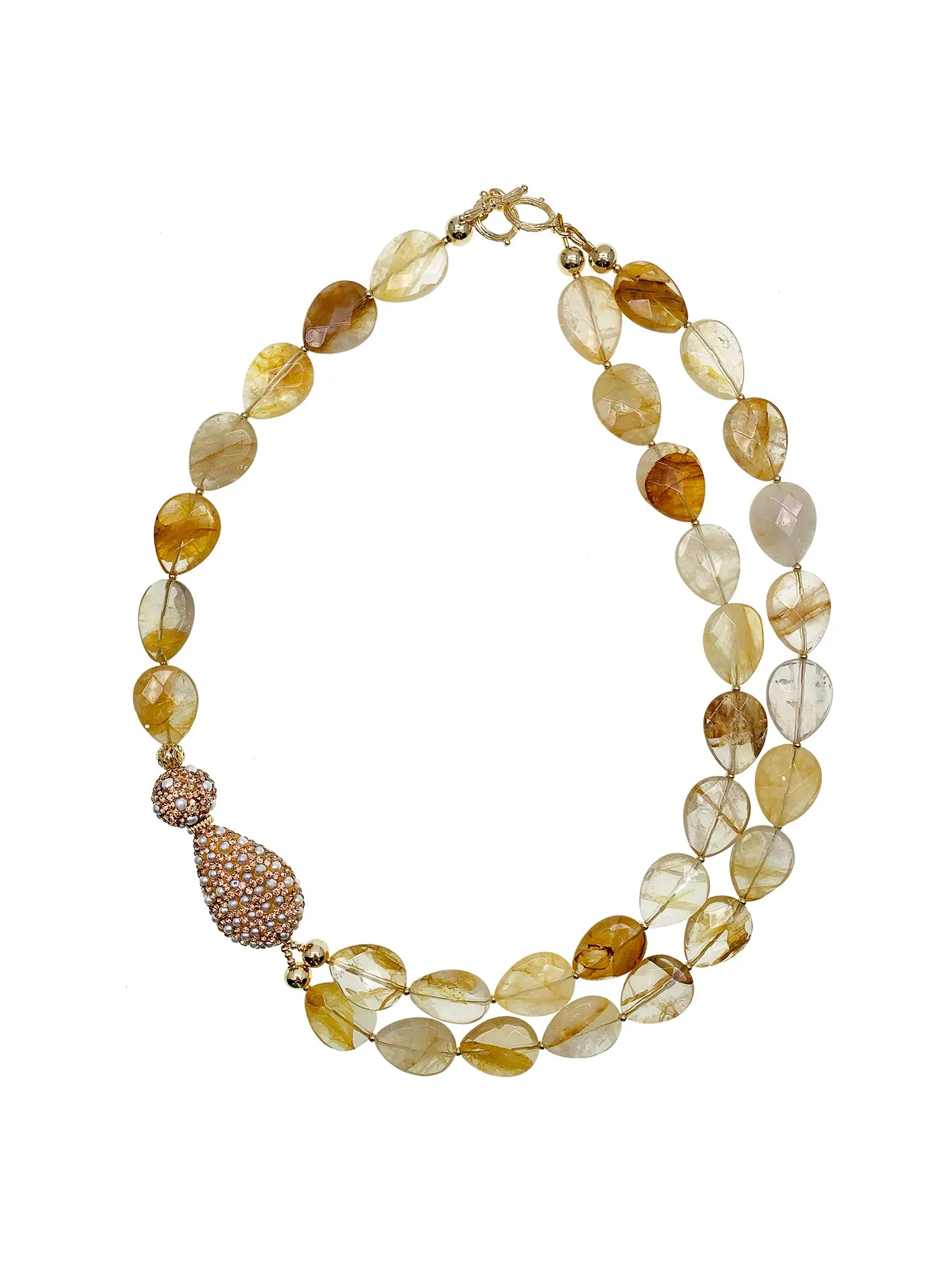 Yellow Citrine With Rhinestones Asymmetric Necklace GN029