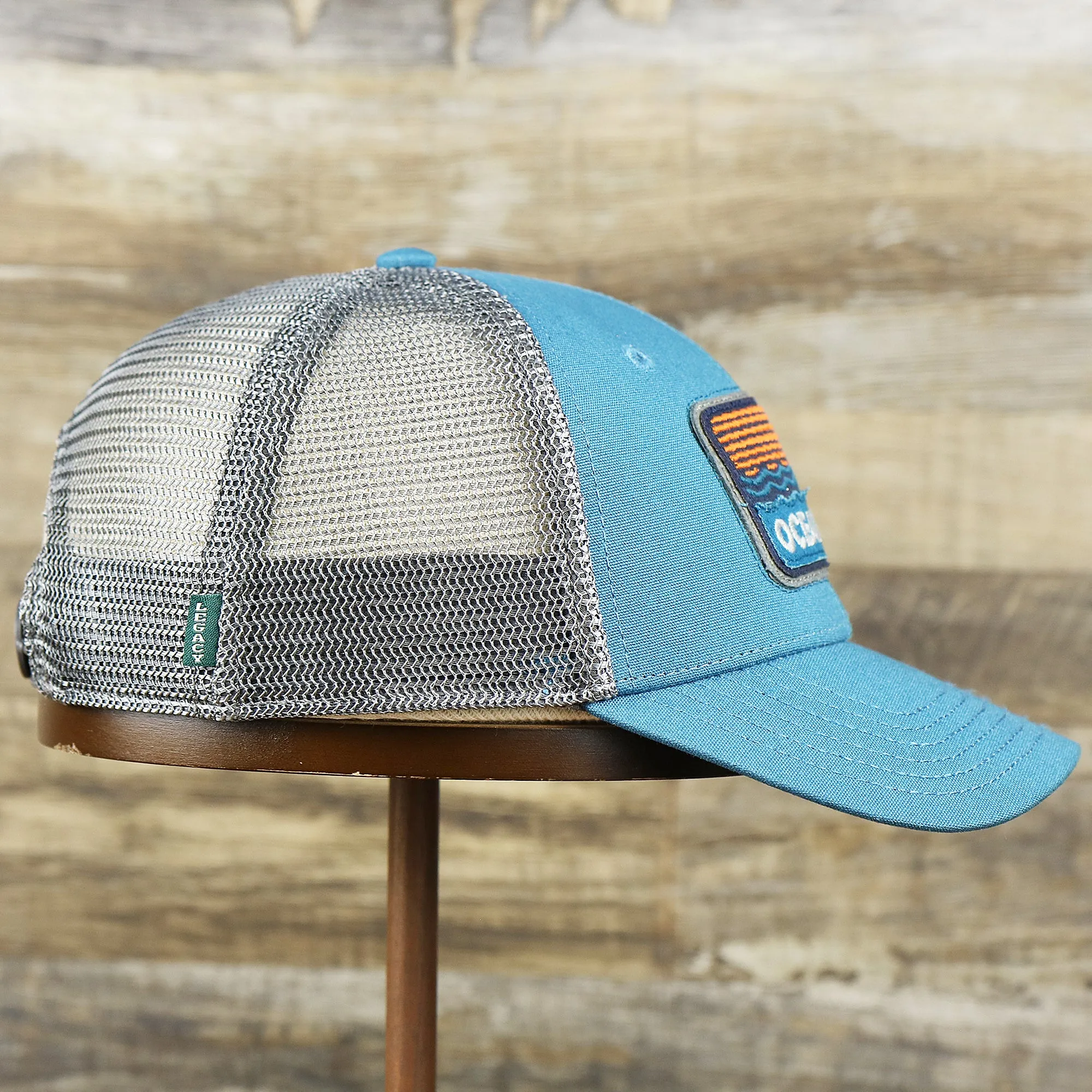 Youth New Jersey Ocean City Sunset Mesh Back Trucker Hat | Marine Blue And Dark Gray Mesh Youth Trucker Hat